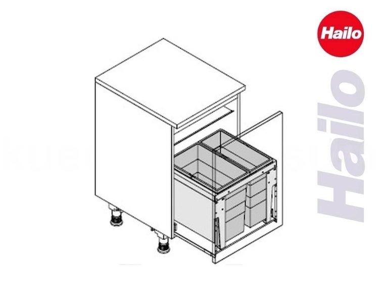Hailo Einbau-Abfalltrennsystem mit zwei Eimern in einem Küchenunterschrank mit Auszug. Hailo Logo.