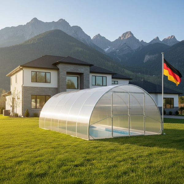 Poolüberdachung in einem Garten vor einem Wohnhaus mit Blick auf Berge und wehende Deutschlandfahne.