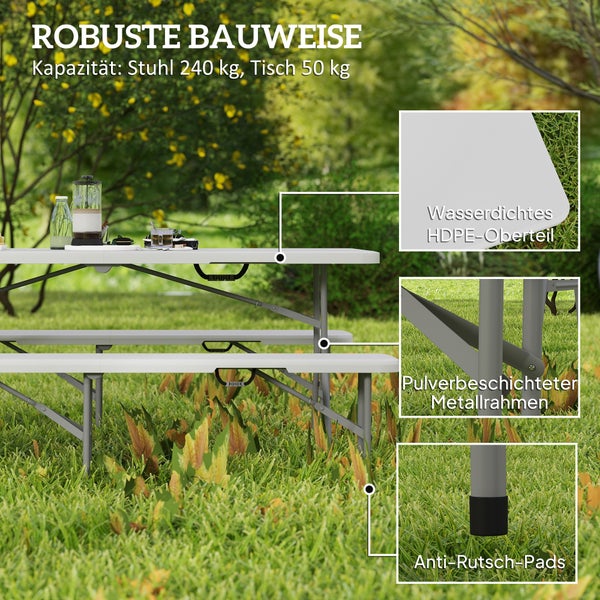 Outsunny Bierzeltgarnitur Klappbar 3-teiliges Set Campingtisch, 2 Bierbank mit Tragegriff, Festzeltgarnitur Biertischgarnitur für Balkon, Garten, Partyzelt 180 x 74 x 74 cm