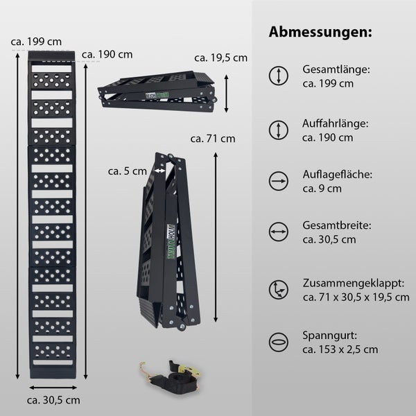 TRUTZHOLM 1 x Auffahrrampe 2-fach klappbar 199cm Traglast 340 kg Alu schwarz geriffelt/ gelocht Rampe Verladerampe