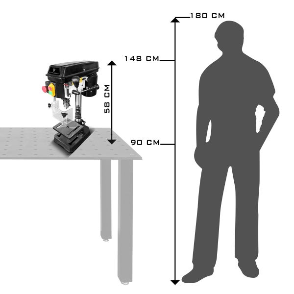 Bohrmaschine auf Werkbank mit Maßangaben und Vergleich zur Körpergröße einer Person
