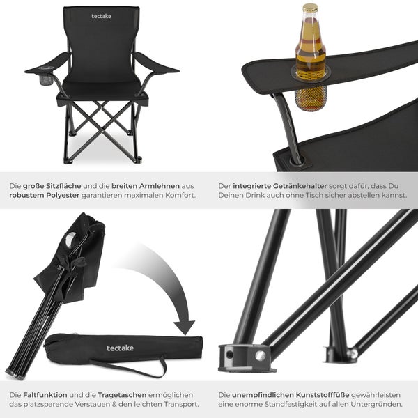 Klappbarer Campingstuhl von tectake mit Polyester Sitzfläche, Armlehnen, Getränkehalter, Kunststofffüßen und passender Tragetasche.
