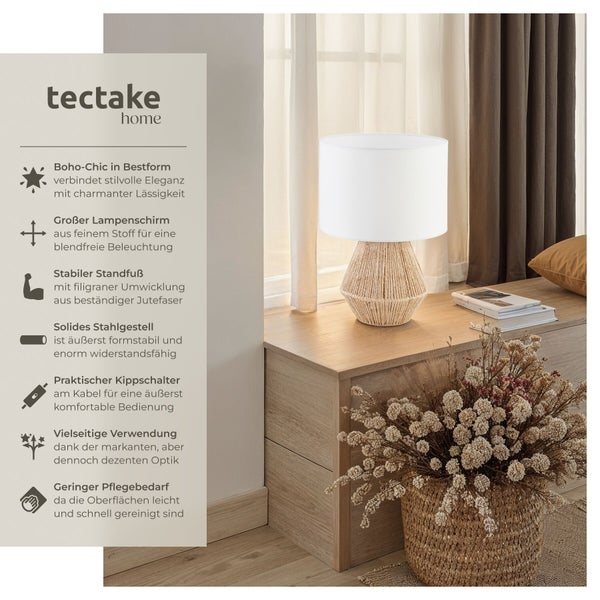 Tectake Home Tischlampe im Boho Stil mit Stoffschirm und Jute umwickeltem Stahlsockel auf Holzkommode.