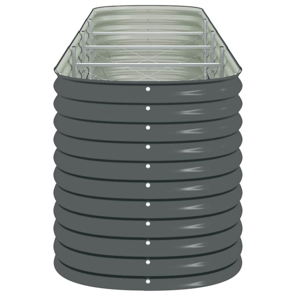 Hohes Hochbeet aus Metall mit gerundeten Ecken und innenliegender Stahlverstrebung zur Gartenbepflanzung.