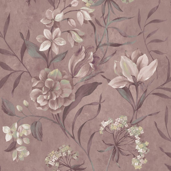 Vliestapete mit floralem Muster aus verschiedenen Blüten und Blättern im malerischen Design.