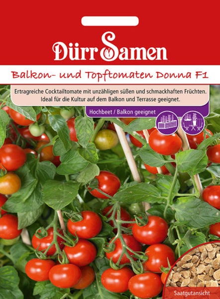 Dürr Samen Logo, Saatgutpackung für Balkon- und Topftomaten Donna F1, ertragreiche Cocktailtomate, geeignet für Hochbeet und Balkon, Saatgutansicht.