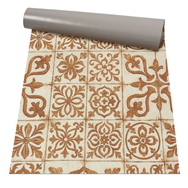 Vinyl Bodenbelag mit Vintage Fliesenmuster und floralen Ornamenten, Rollenware.