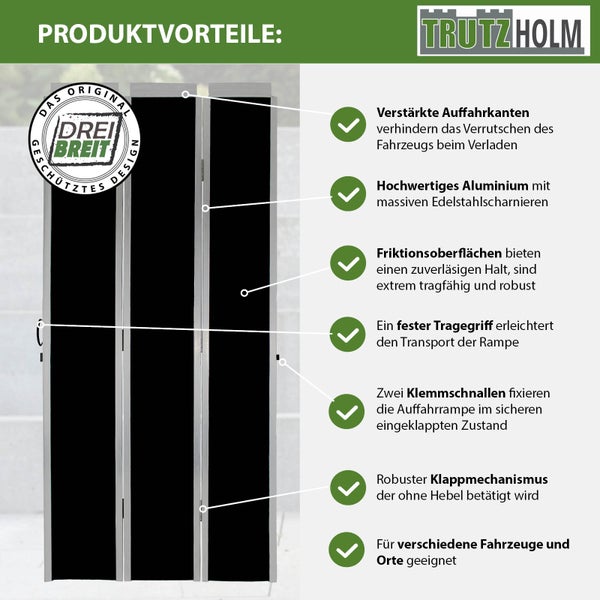 Produktvorteile der Trutzholm Auffahrrampe mit verstärkten Auffahrkanten, Aluminium, Edelstahlscharnieren und Klappmechanismus