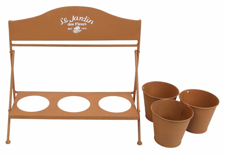 Dekoleidenschaft 3x Blumentopf Fleurs + Halter aus Metall in Rost Optik, Pflanztopf Set, Pflanzgefäß, Gartendeko für Draußen