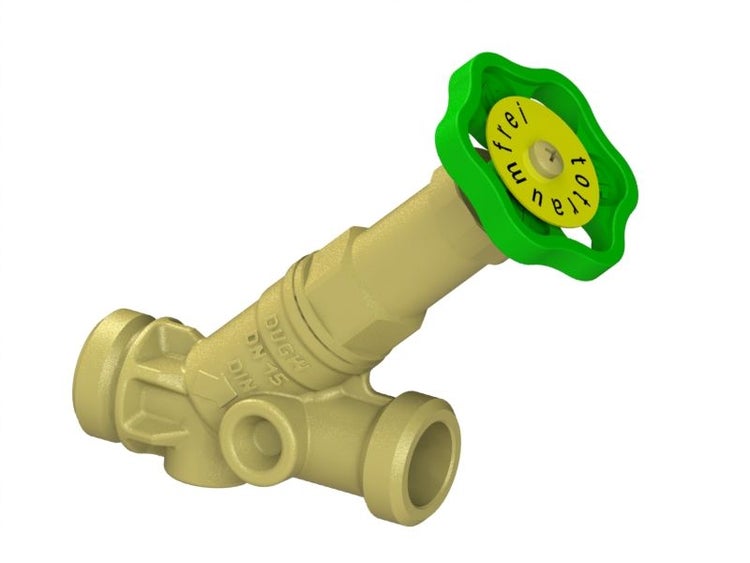 Schrägsitzventil aus Messing, totraumfrei, Nennweite 15, mit grünem Handrad.