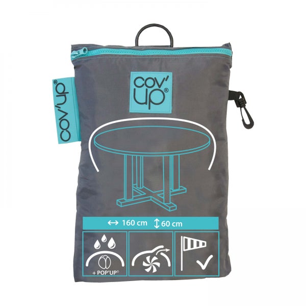 Cov'Up Logo auf Aufbewahrungstasche für runde Gartentisch-Schutzhülle, 160 Zentimeter Durchmesser, 60 Zentimeter Höhe, wasserfest und windbeständig.