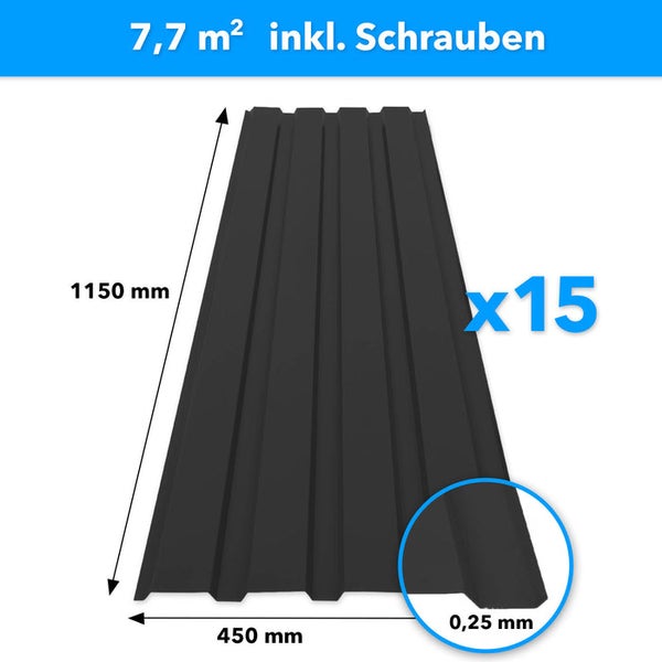 FLOORDIREKT Trapezblech - 115 x 45 cm - Profilblech - Stärke 0.25 mm - 15er-Set - inkl. Schrauben - 7,7 m² - Schwarz