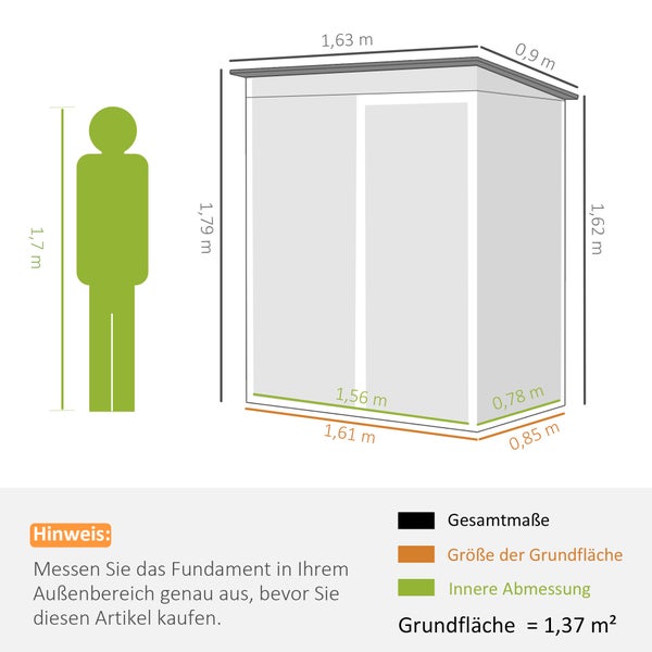Maßzeichnung Gartenhaus: Gesamtmaße 1,63 mal 0,9 Meter, Grundfläche 1,61 mal 0,85 Meter, Höhe 1,79 Meter, Fläche 1,37 Quadratmeter.