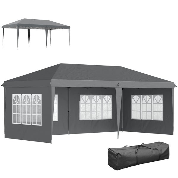 Rechteckiger Faltpavillon mit Seitenteilen, Fenstern und Tragetasche.