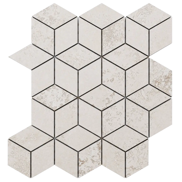 Mosaikfliese aus beigem Naturstein mit dreidimensionalem Würfelmuster.