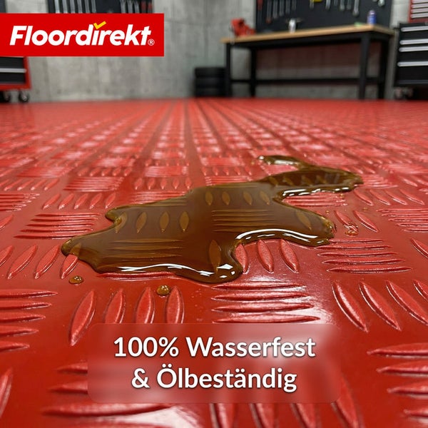 Roter Bodenbelag mit Tropfen Flüssigkeit und Floor direkt Logo