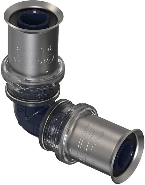 Pressfitting Winkel 90 Grad aus silberfarbenem Metall und blauem Kunststoff für Verbundrohre.