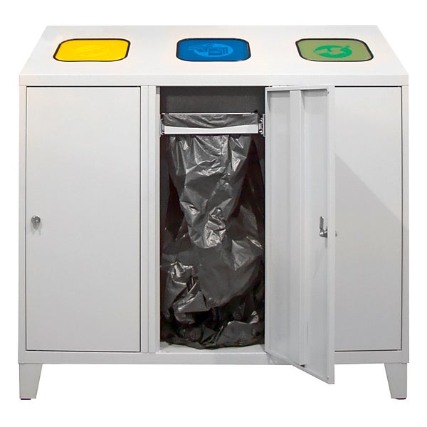 PROREGAL Recycling Abfallsammler mit Abfallsackhalterung Trio HxBxT 122 x 120 x 45 cm 3x 120 Liter Lichtgrau
