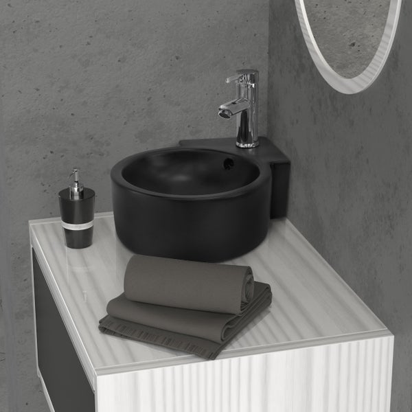 ML-Design hoekwastafel zwart keramiek 45 x 36 x 13 cm rond met afvoerset wandmontage hoekmodel overloop waskom badkamermeubel handwasbak moderne wastafel voor muurbevestiging compact wasmeubel