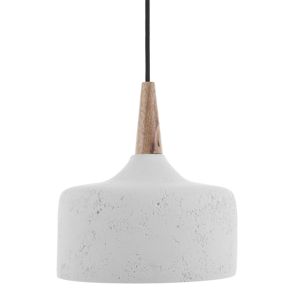 Hängelampe mit Holzdetails und weißem Lampenschirm