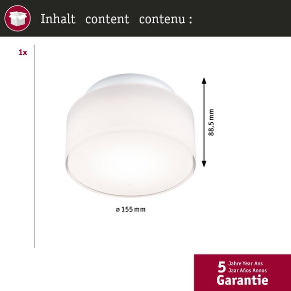 Inhalt eine runde Deckenleuchte aus Glas mit einem Durchmesser von 155 Millimeter und einer Höhe von 88,5 Millimeter inklusive 5 Jahre Garantie.