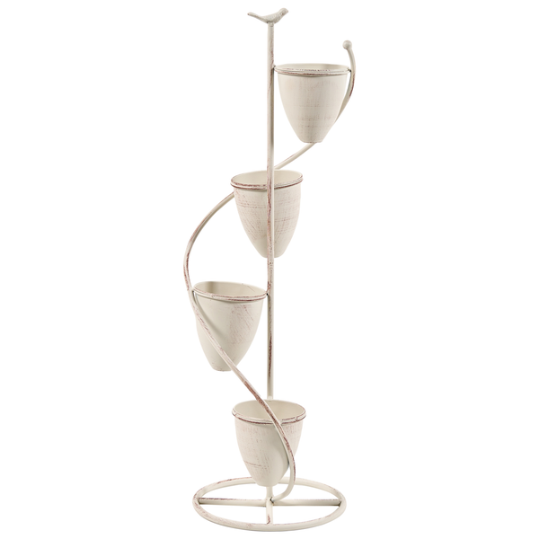 Blumenständer aus Metall mit vier Töpfen in Spiralform und Vogelfigur an der Spitze.