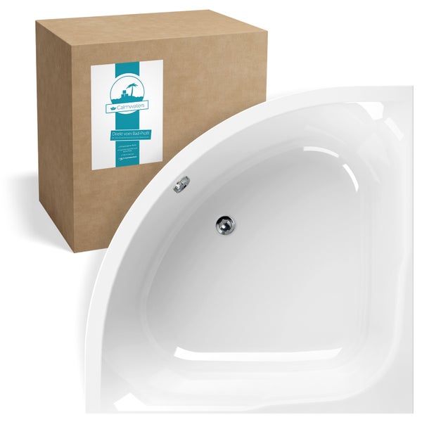 Weiße Eckbadewanne aus Sanitäracryl neben einem Versandkarton mit Calmwaters Logo.
