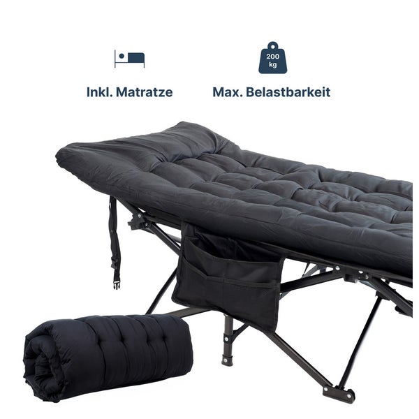 Zusammenklappbare Campingliege mit gepolsterter Matratze, Seitentasche und einer maximalen Belastbarkeit von 200 Kilogramm.