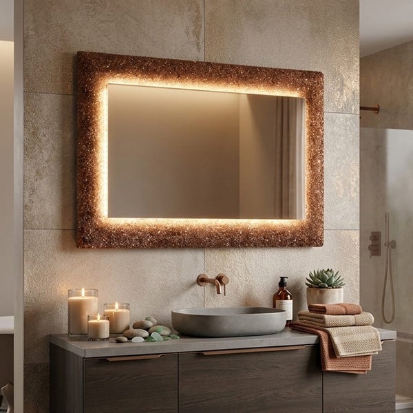 Moderner Badezimmerspiegel mit strukturiertem kupferfarbenem Rahmen und LED-Beleuchtung über einem Waschtisch aus dunklem Holz mit Steinwaschbecken.