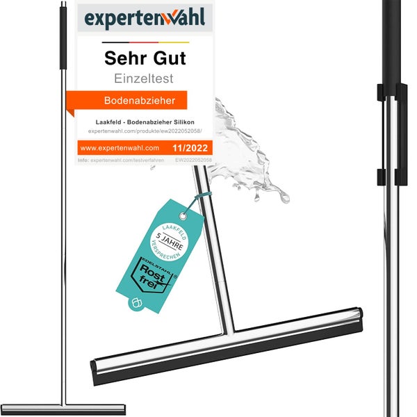 Wasserschieber Edelstahl Hochglanz poliert mit Silikonhalterung ohne Bohren - Bodenabzieher Dusche mit Lippe und Griff aus Silikon - Abzieher Dusche Boden optimiert - Wasserabzieher Boden ergonomisch