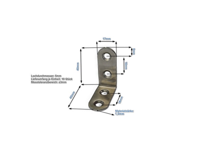 Winkelverbinder aus Metall mit Bemaßung, 40 mal 40 mal 17 Millimeter, 1,5 Millimeter Materialstärke, 5 Millimeter Lochdurchmesser, 10 Stück.