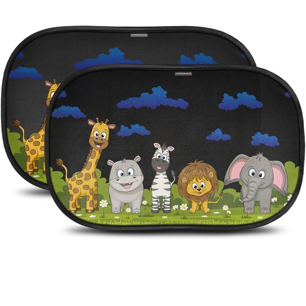 Zweiteiliges Set Auto-Sonnenschutz mit Motiven von Giraffe, Nilpferd, Zebra, Löwe und Elefant.