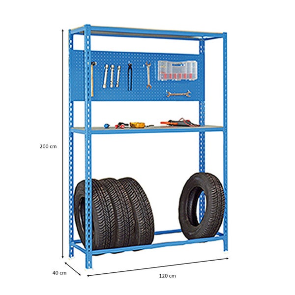 PROREGAL Reifenregal mit Arbeitsfläche Metal Shark NO.4 HxBxT 200 x 120 x 40 cm 6 Reifen Blau