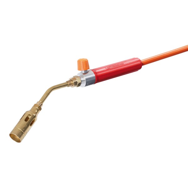 Rothenberger Gasbrenner mit Messingkopf, rotem Kunststoffgriff und orangefarbenem Gasschlauch. Rothenberger Logo.