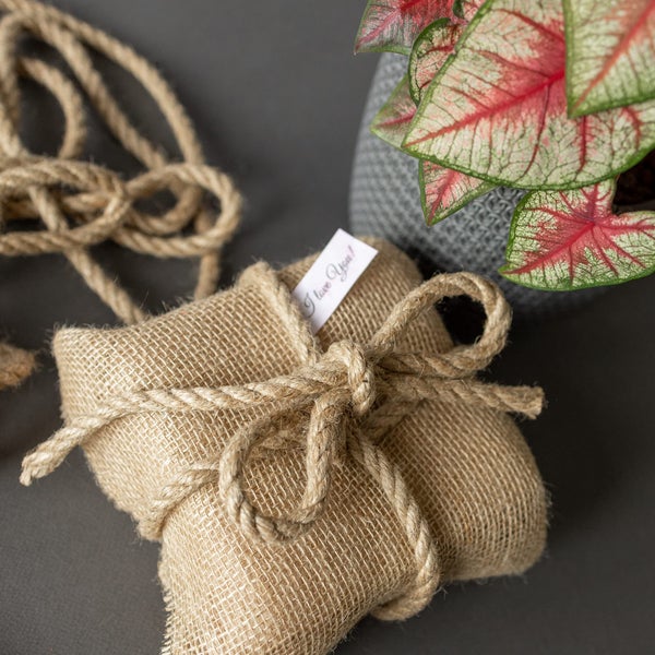 Ein mit einem dicken Naturseil aus Jute gebundenes Geschenk aus Jutestoff, neben einer dekorativen Zimmerpflanze in einem Topf.