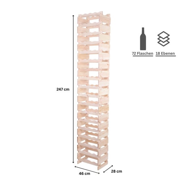 Weinregal VINOTECA FLEX PRO HxBxT 247x46x28cm 72 Flaschen auf 18 Ebenen Massives Kiefernholz Natur unbehandelt