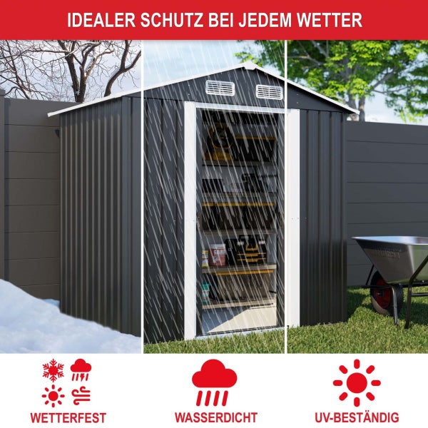 Metallgerätehaus im Garten bei Schnee, Regen und Sonnenschein mit Symbolen für Wetterfestigkeit, Wasserdichtigkeit und Ultraviolett-Beständigkeit.
