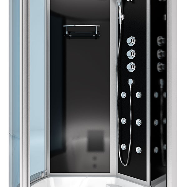 Moderne Duschkabine mit schwarzer Rückwand, verchromten Massagedüsen, Handbrause, drei Bedienelementen und integrierter Glasablage.