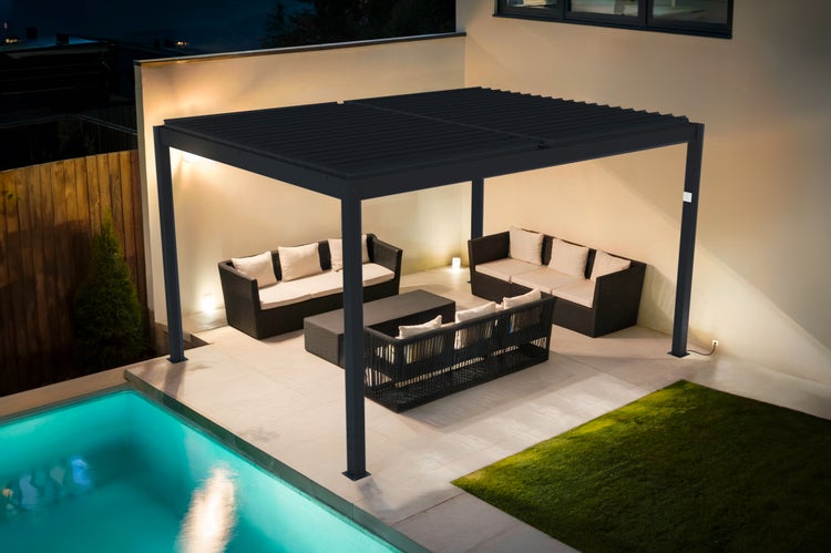 Pergola bioklimatisch aus grauem Aluminium SANTA 4x3m - elektrisch verstellbares Lamellendach