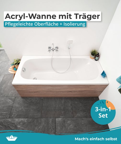 Weiße Rechteck-Badewanne aus Acryl mit Frontverkleidung in Holzoptik und Wannenträger als Set in einem modernen Bad mit dunklen Bodenfliesen.