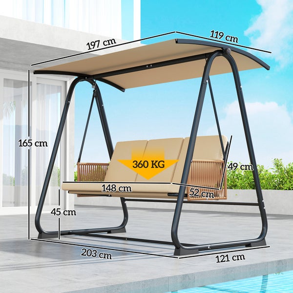 Hollywoodschaukel mit Maßen: 203 mal 121 mal 165 Zentimeter, maximale Belastbarkeit 360 Kilogramm, beige Polster, Metallgestell.