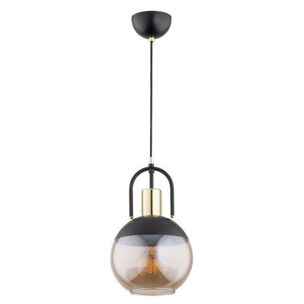 Moderne Pendelleuchte mit kugelförmigem Glasschirm und Elementen aus Metall zur Deckenmontage