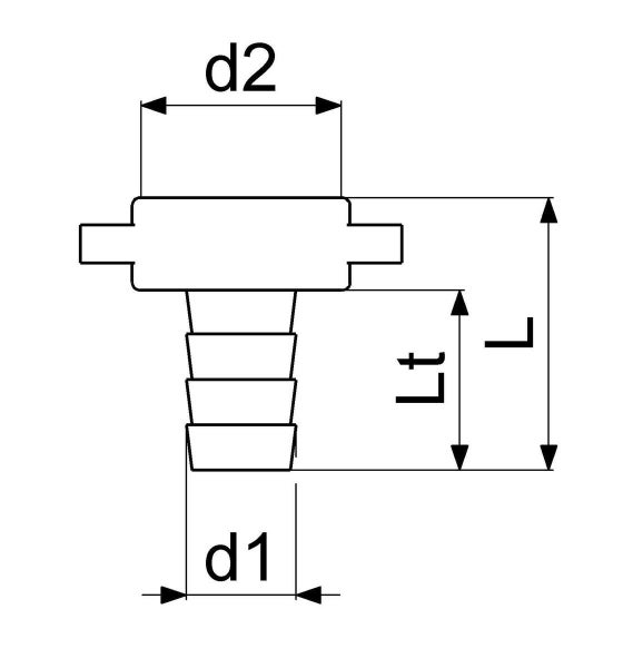 Technische Zeichnung eines Schlauchtüllenadapters mit Maßangaben d1, d2, L und Lt.