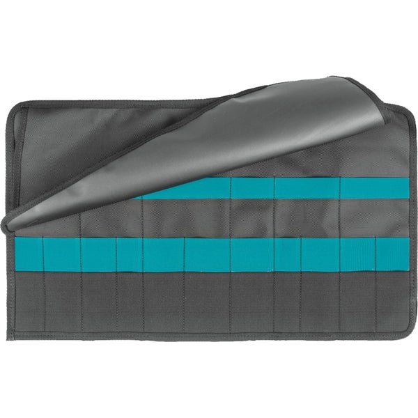 Werkzeugrolltasche aus Textil mit mehreren Einsteckfächern und einer Abdecklasche für die Werkzeugaufbewahrung.