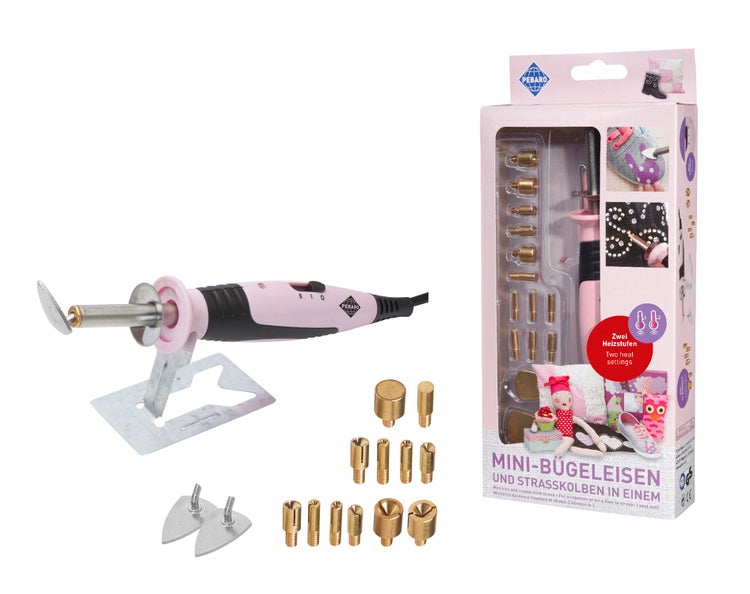 Pebaro Mini Buegeleisen und Strasskolben Set mit Zubehoer und Aufbewahrungsbox fuer Bastelarbeiten