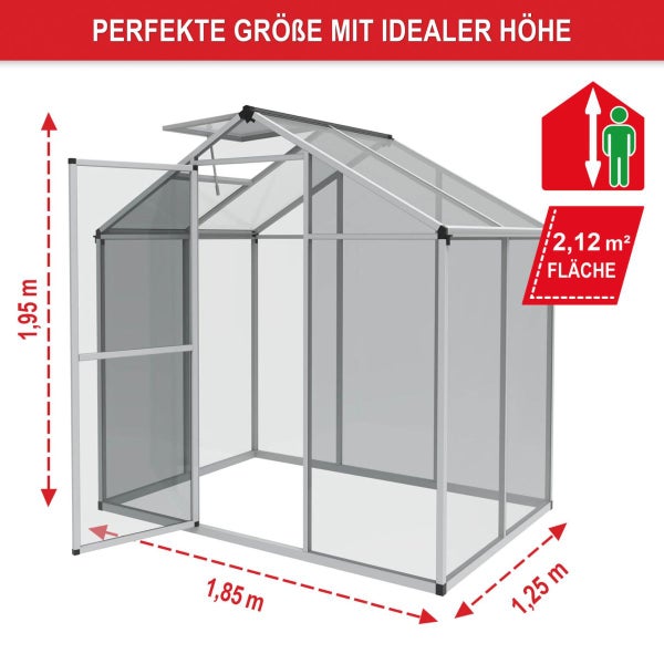 Gewächshaus mit Aluminiumrahmen, 1,95 Meter Höhe, 1,85 Meter Länge, 1,25 Meter Breite und 2,12 Quadratmeter Fläche.
