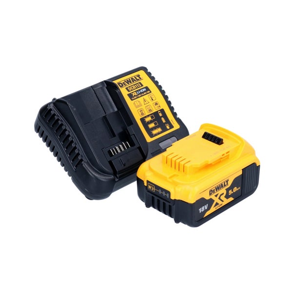 DeWalt Akku-Starterset bestehend aus einem 18 Volt Lithium-Ionen-Akku mit 5,0 Amperestunden und einem passenden Ladegerät.