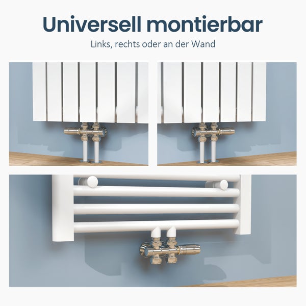 EMKE Heizkörperthermostat Multiblock-Set – Anschlussarmatur mit Thermostat für Heizkörper und Handtuchtrockner, Heizungszubehör in Eck- und Durchgangsform φ16xG1/2, Chrom
