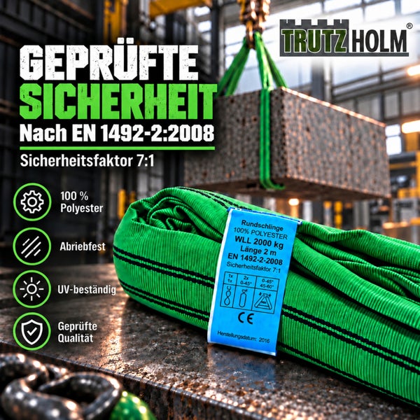 Trutz Holm Rundschlinge aus Polyester mit 2000 Kilogramm Tragfähigkeit und 2 Meter Länge für sicheres Heben von Lasten nach Europäischer Norm.