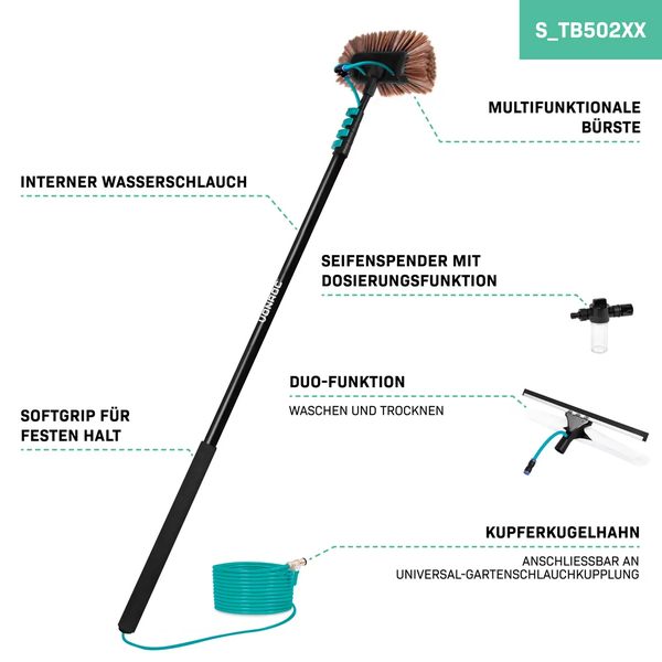 VONROC Fensterputzer mit Teleskopstange 6,5m & Wasserenthärter - Auto Waschbürste mit Stiel, Profi Fensterwischer mit Waschbürste für Fenster, Solaranlage - inkl. Bürste, Schlauch, Seifenspender